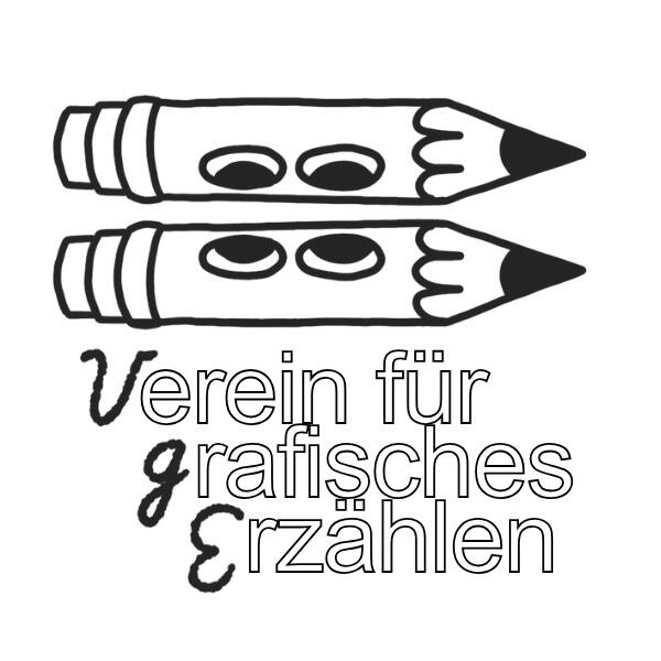 Logo (c) Lis Walter, Jiaqi Hou, Tuki Gruner Logo von „Verein für grafisches Erzählen“. Zwei Bleistifte liegen übereinander und betrachten sich mit zwei Augenpaaren. Darunter der Schriftzug des Vereines.