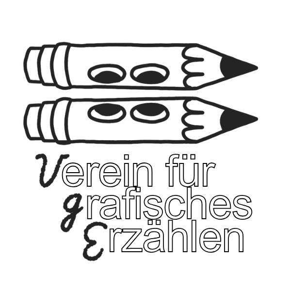 Logo (c) Lis Walter, Jiaqi Hou, Tuki Gruner Logo von „Verein für grafisches Erzählen“. Zwei Bleistifte liegen übereinander und betrachten sich mit zwei Augenpaaren. Darunter der Schriftzug des Vereines.